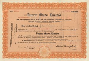 Duprat Mines, Limited - 1927 Canadian Mining Stock Certificate - Foreign Stock