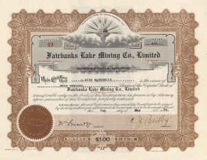 Fairbanks Lake Mining Co., Limited - Foreign Stock Certificate
