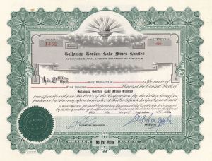 Galloway Gordon Lake Mines Limited - Foreign Stock Certificate