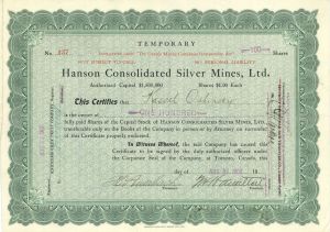 Hanson Consolidated Silver Mines, Ltd.  - Foreign Stock Certificate