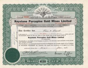 Keystone Porcupine Gold Mines Limited  - Foreign Stock Certificate