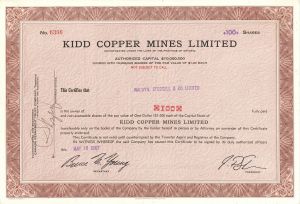 Kidd Copper Mines Limited  - 1967 dated Canadian Mining Stock Certificate