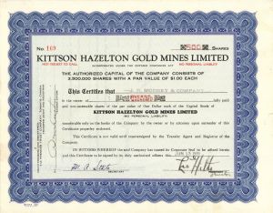 Kittson Hazelton Gold Mines Limited  - Foreign Stock Certificate
