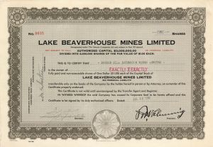 Lake Beaverhouse Mines Limited  - Foreign Stock Certificate