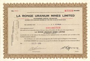 La Ronge Uranium Mines Limited  - Canadian Mining Stock Certificate
