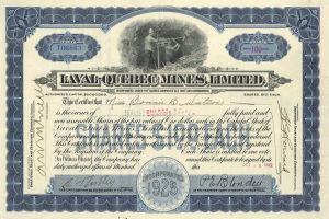 Laval-Quebec Mines, Limited  - 1922 dated Canadian Mining Stock Certificate - Quebec, Canada