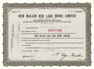 New Mallen Red Lake Mines Limited  - Foreign Stock Certificate