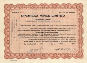 Opemiska Mines Limited - Foreign Stock Certificate