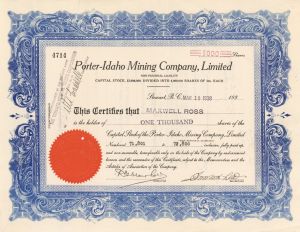 Porter-Idaho Mining Company, Limited - Foreign Stock Certificate