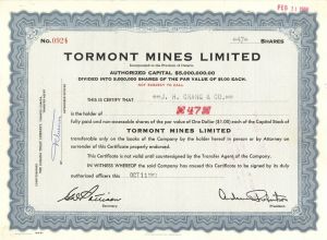Tormont Mines Limited - Foreign Stock Certificate