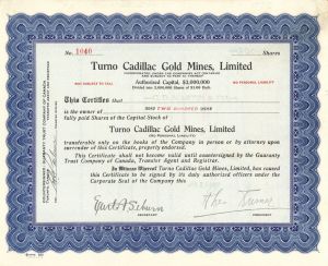 Turno Cadillac Gold Mines, Limited - Foreign Stock Certificate