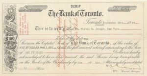 Bank of Toronto - Canadian Banking Stock Certificate