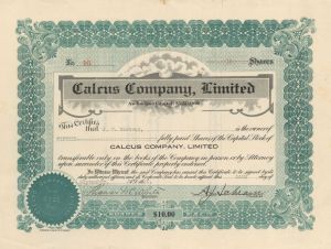 Calcus Company, Limited - Stock Certificate