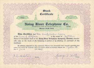 Noisy River Telephone Co. - Canadian Communications Stock Certificate