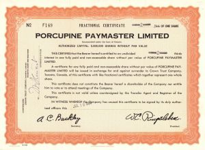 Porcupine Paymaster Limited - 1964 dated Canadian Mining & Paymaster Stock Certificate