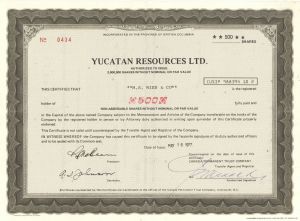 Yucatan Resources Ltd. - 1977 dated Canadian Stock Certificate