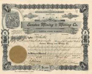 Sandon Mining and Milling Co. - Canadian Mining Stock Certificate
