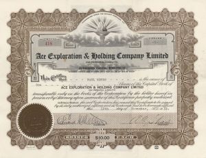 Ace Exploration and Holding Company Limited - 1936 dated Canadian Mining Stock Certificate