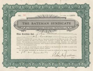 Bateman Syndicate - 1937 dated Canadian Mining Stock Certificate