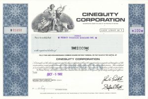 Cinequity Corp. - 1982 dated Canadian Stock Certificate