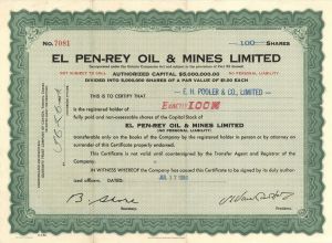El Pen-Rey Oil and Mines Ltd. - Foreign Stock Certificate