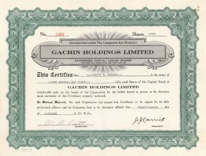 Gachin Holdings Ltd. - Foreign Stock Certificate