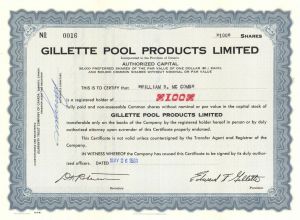 Gillette Pool Products Ltd. - 1961 dated Canadian Stock Certificate