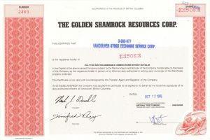 Golden Shamrock Resources Corp. - 1988 dated Canadian Mining Stock Certificate
