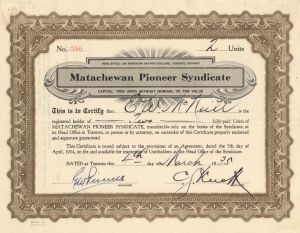 Matachewan Pioneer Syndicate - 1935 dated Canadian Stock Certificate