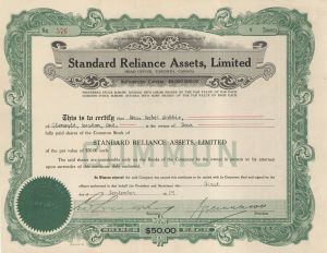 Standard Reliance Assets, Ltd. - Foreign Stock Certificate