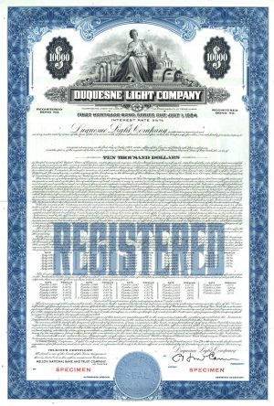 Duquesne Light Co. - Specimen Bond of Various Denominations - Now the Duquesne Light Holdings, Inc.