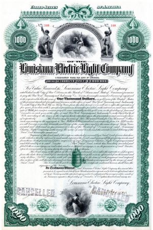 Louisiana Electric Light Co. - dated 1892 Gorgeous Utility New Orleans $1,000 6% Gold Bond