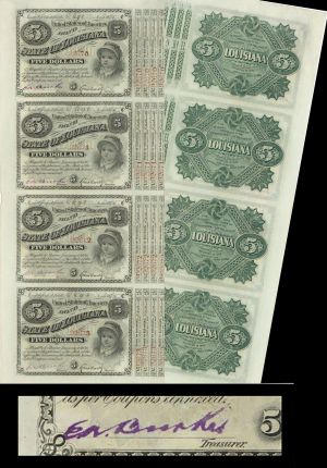 State of Louisiana Bonds known as 'Baby Bonds' 1875-78 dated Uncut Sheet of 4 Bonds - Great History