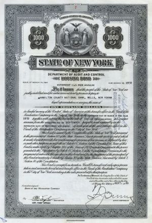 State of New York Bond - 1941 dated Department of Audit and Control - Housing Bond