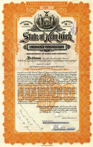 State of New York - 1930's-40's Emergency Construction Bond - Department of Audit and Control