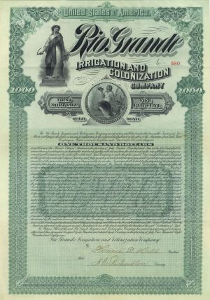 Rio Grande Irrigation and Colonization Co. - 1889 dated $1,000 New Mexico Territory Bond