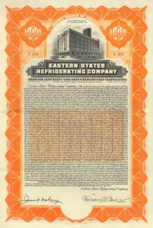 Eastern States Refrigerating Co. - 1922 dated Refrigeration Company Bond (Uncanceled)