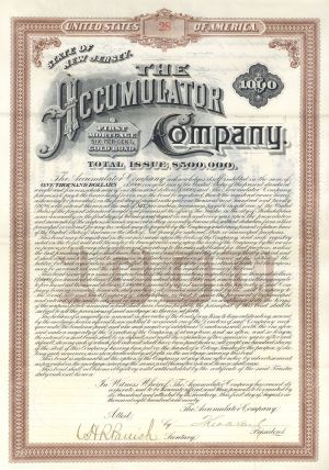 Accumulator Co. Bond signed by Theodore Newton Vail - 1890 dated $1,000 Uncanceled Autograph Gold Bond