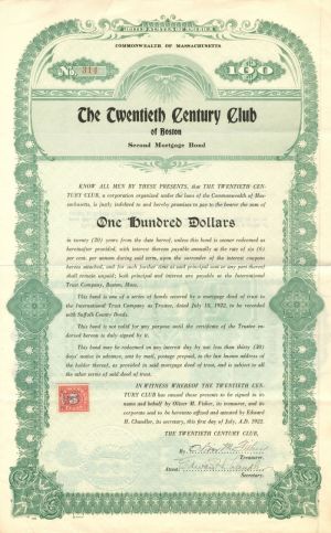 Twentieth Century Club of Boston - $100 Bond