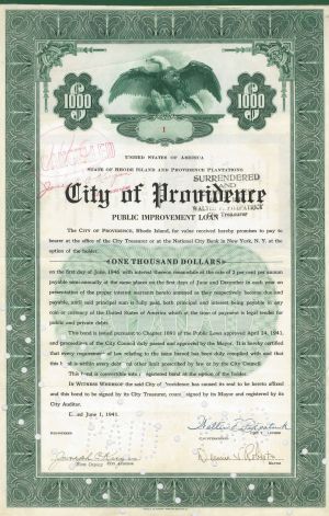 City of Providence - Certificate Serial No. 1 - 1941 dated Rhode Island Bond