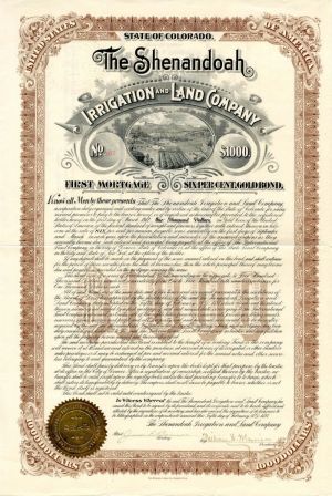 Shenandoah Irrigation and Land Co. - 1897 dated $1,000 Colorado Land Bond