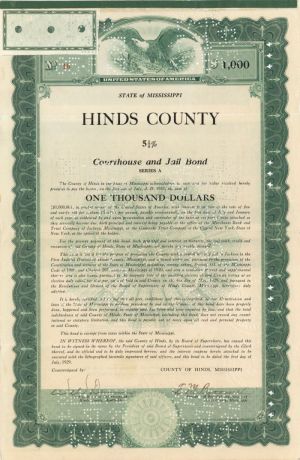 Hinds County - 1929 dated $1,000 Mississippi Bond