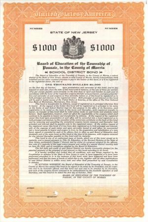 Board of Education of the Township of Passaic, in the County of Morris - $1,000 Bond