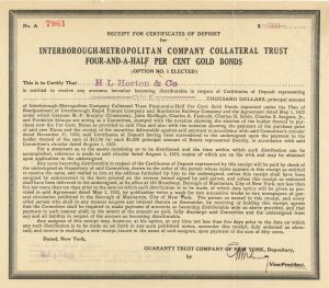 Interborough-Metropolitan Company Collateral Trust - $1,000 Bond