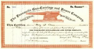 Pneumatic Gun-Carriage and Power Co. - Stock Certificate with Cannon Vignette