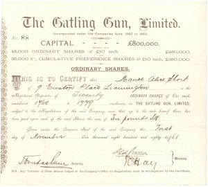 Gatling Gun, Ltd. - 1888 dated Gun Stock Certificate - Only 1 Known!
