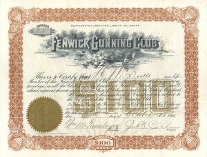 Fenwick Gunning Club -  1905 dated Gun Stock Certificate - Fenwick Island, Delaware