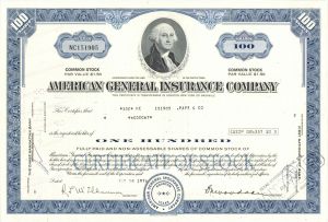 American General Insurance - dated 1960's-70's Stock Certificate - Bought Out by AIG in 2001 - Vignette of George Washington