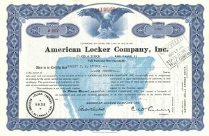 American Locker Co. - North American Background Vignette - 1940's dated Stock Certificate
