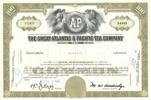 Atlantic and Pacific Tea Co. - The Great A & P - 1960's-70's dated Stock Certificate - American Chain of Grocery Stores